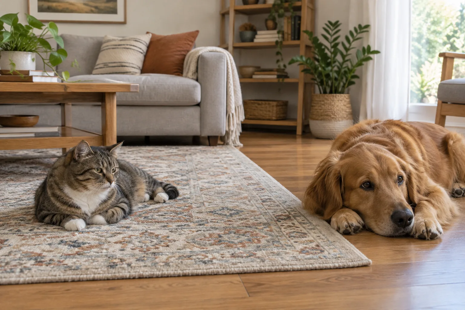 Un chat et un chien se reposent près d’un tapis à poil ras dans un salon lumineux.