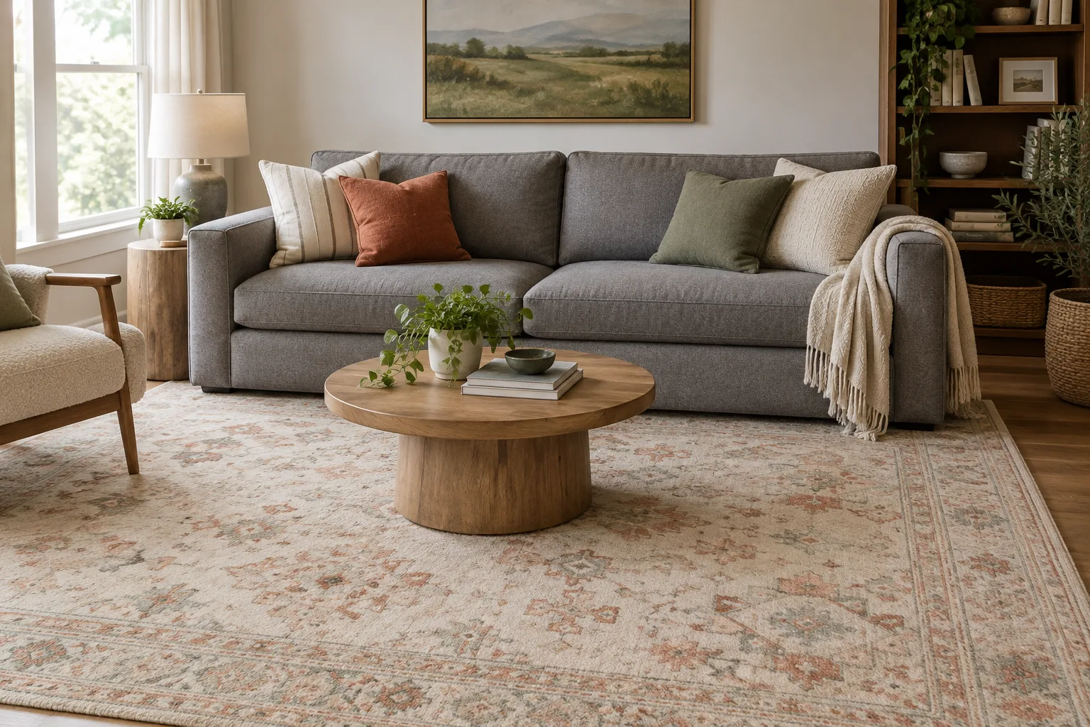 Un tapis écru aux motifs discrets réchauffe un salon aménagé avec un canapé gris.