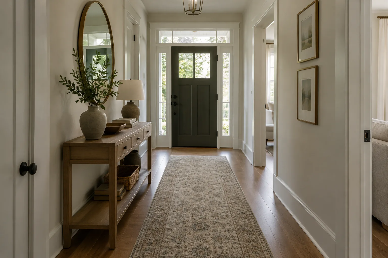 Un tapis à poil ras placé dans un couloir d’entrée, devant une console en bois.