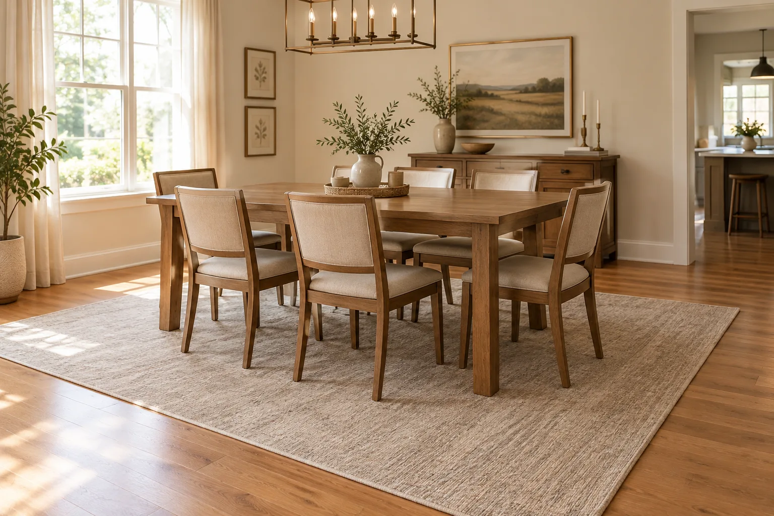 Tapis à poil ras placé sous une table à manger rectangulaire, avec les chaises posées sur sa surface.