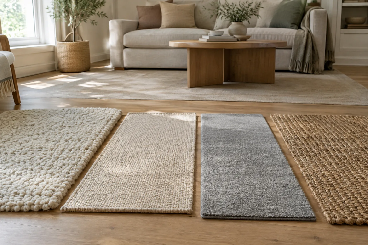 Échantillons de tapis en laine, coton, fibre synthétique et jute posés sur un parquet clair.